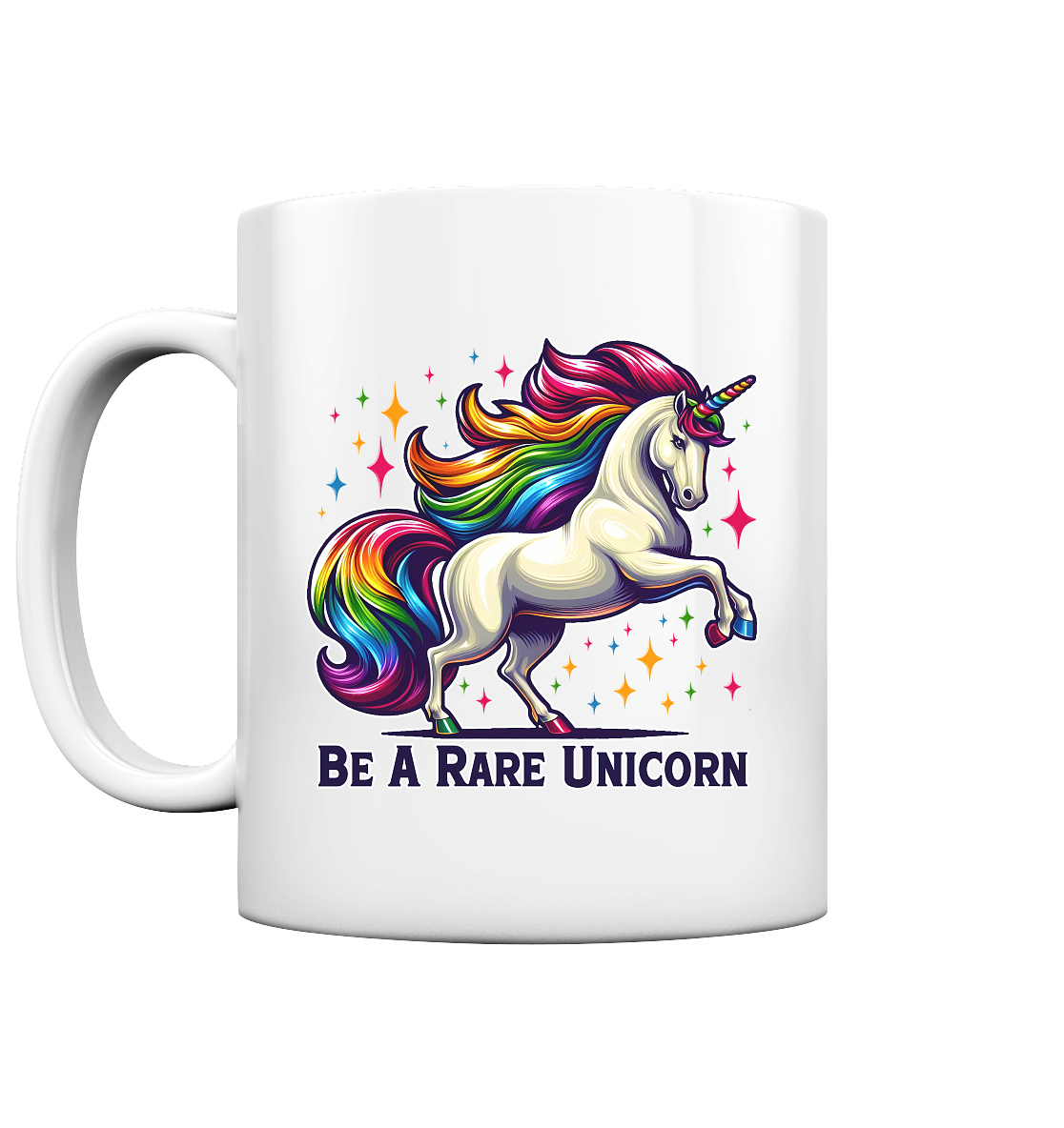 Glossy white mug with "Be A Rare Unicorn" design, featuring a majestic unicorn with a rainbow mane and sparkling stars.