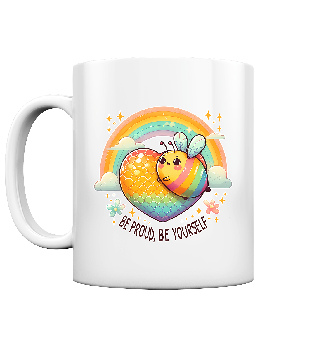 Fröhliche Regenbogen-Biene Tasse mit glänzendem Design, individuell und farbenfroh.