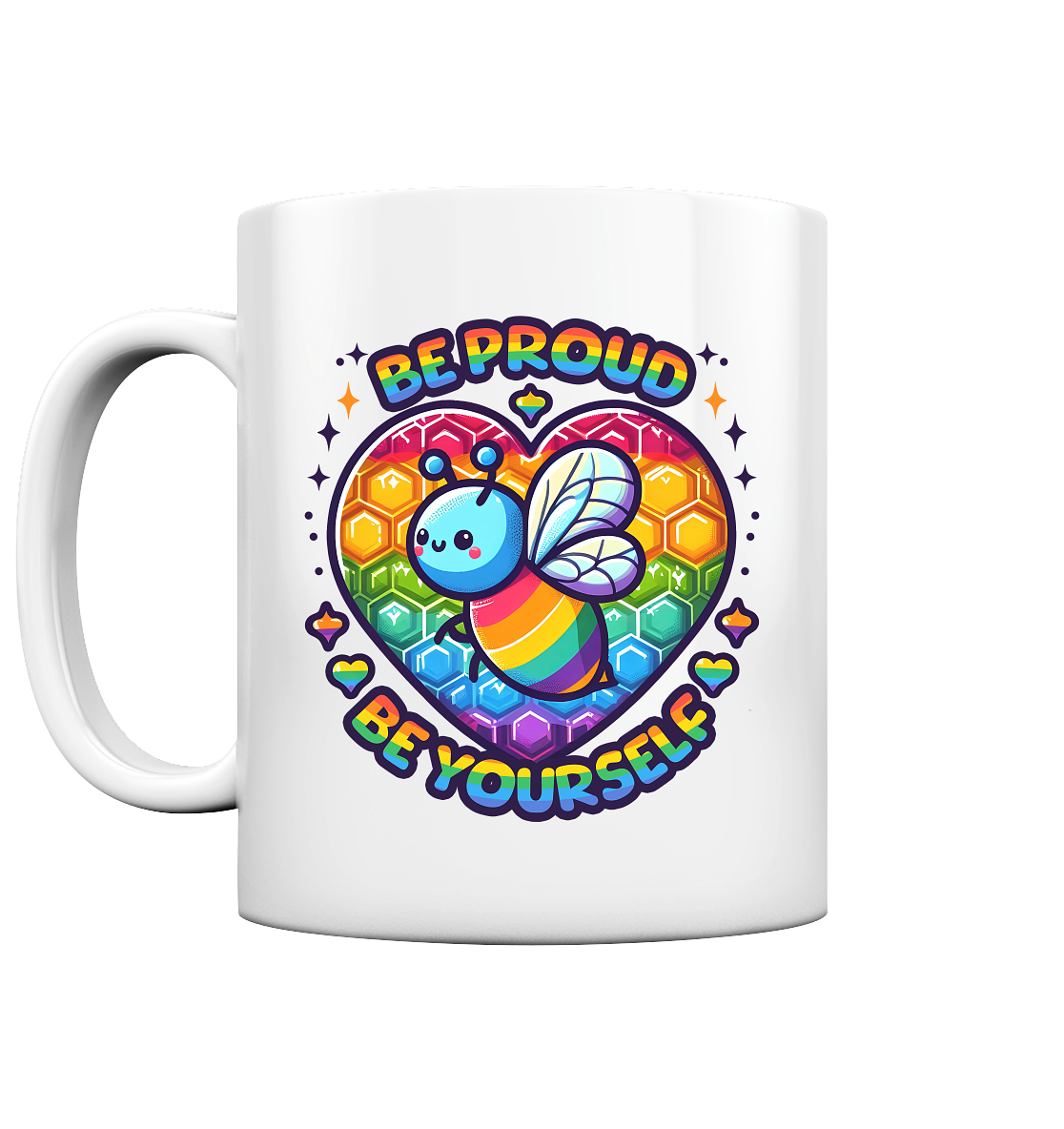 Glossy mug with rainbow bee design, "Be Proud, Be Yourself," heart-shaped honeycomb pattern.