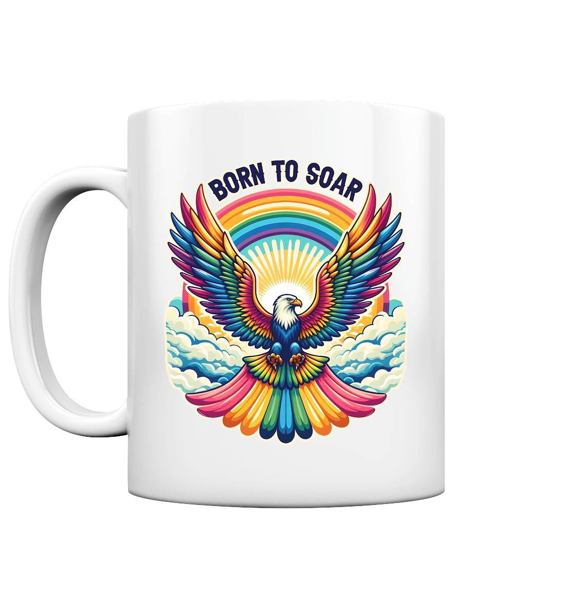Majestic eagle with rainbow wings on a glossy white mug showcasing "Born to Soar" theme.