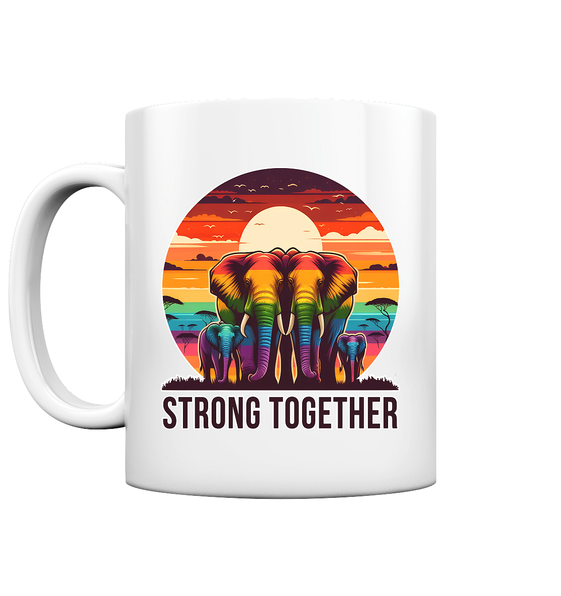 Strong Together – Kraftvolle Regenbogen-Elefanten - Tasse glossy