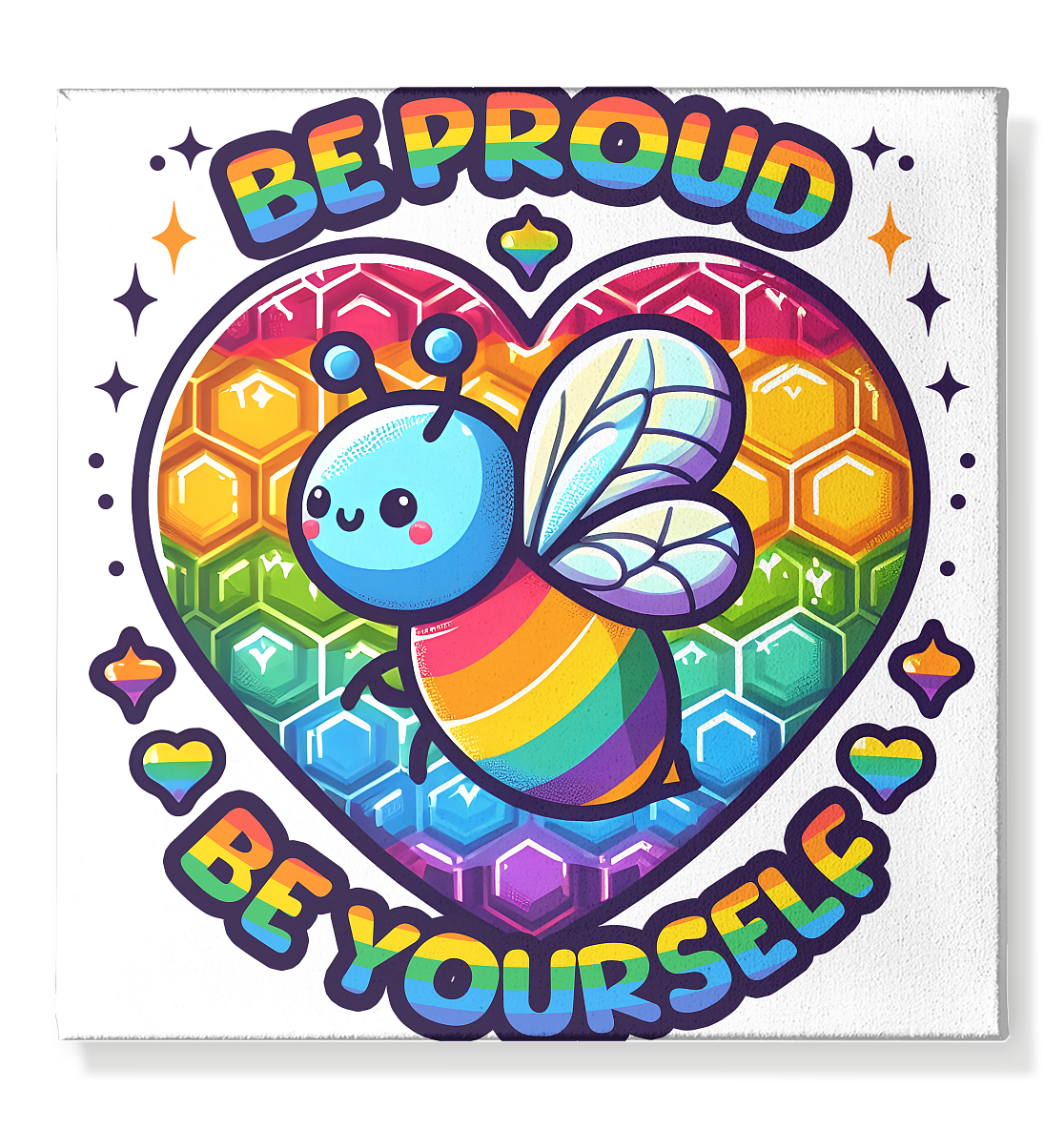 Be Proud, Be Yourself – Süße Regenbogen - Biene - Leinwand 50x50cm - FaunaFeels Onlineshop Wall Art