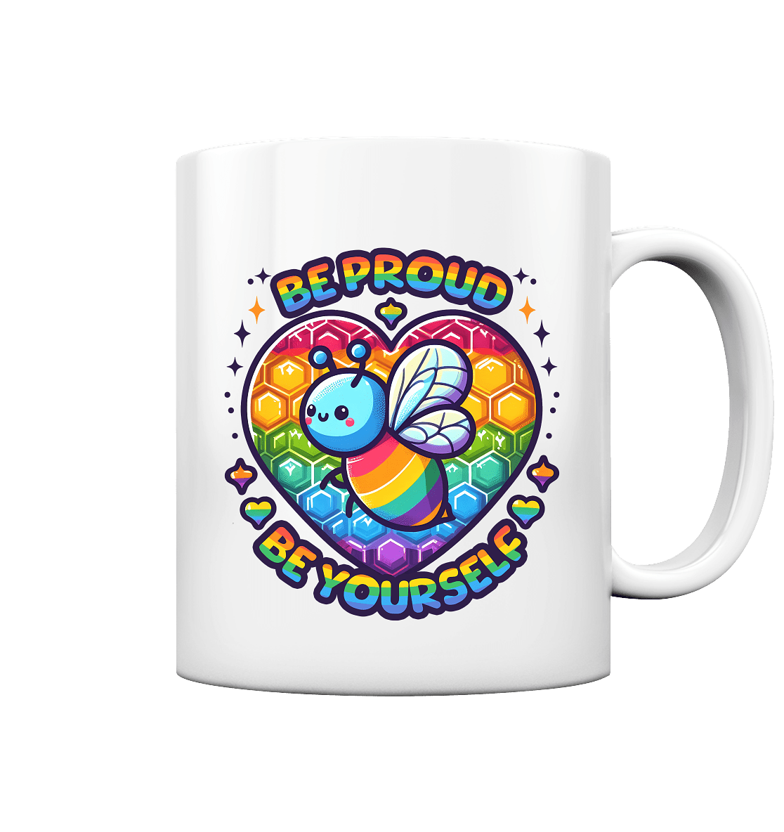 Be Proud, Be Yourself – Süße Regenbogen - Biene - Tasse glossy - FaunaFeels Onlineshop Trinkgefäße