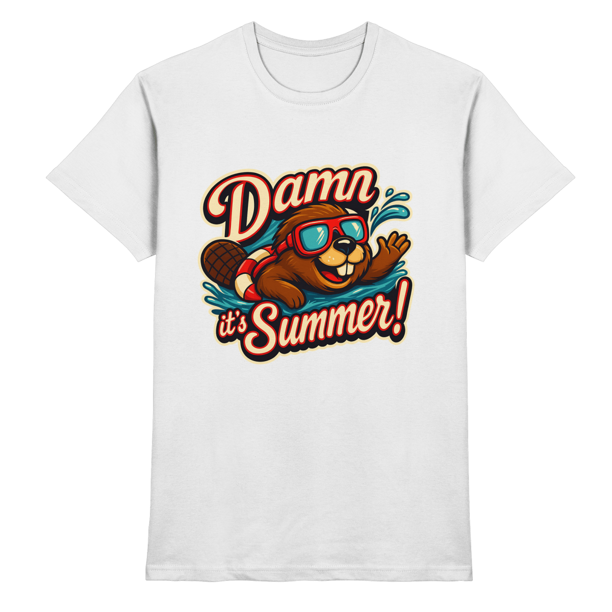 Damn it’s Summer! – Lustiges Biber - Motiv mit Schwimmring und Sonnenbrille für Sommerlaune - Heavy Cotton T-Shirt - FaunaFeels Onlineshop Unisex - Shirts