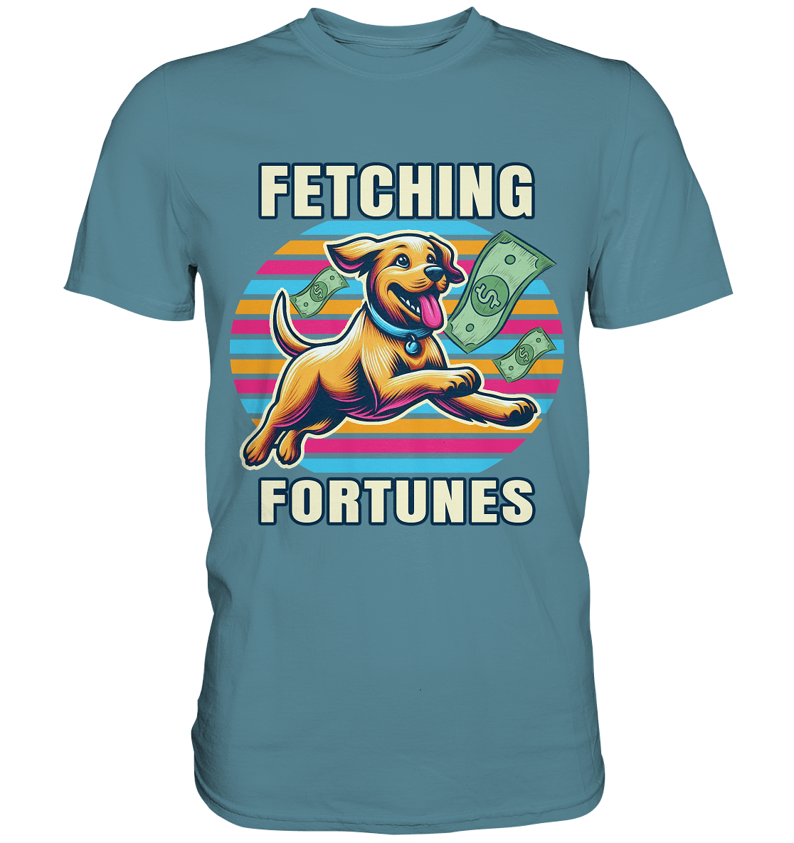 Fetching Fortunes – Fröhlicher Hund jagt Geld Kopie - Premium Shirt - FaunaFeels Onlineshop Unisex - Shirts