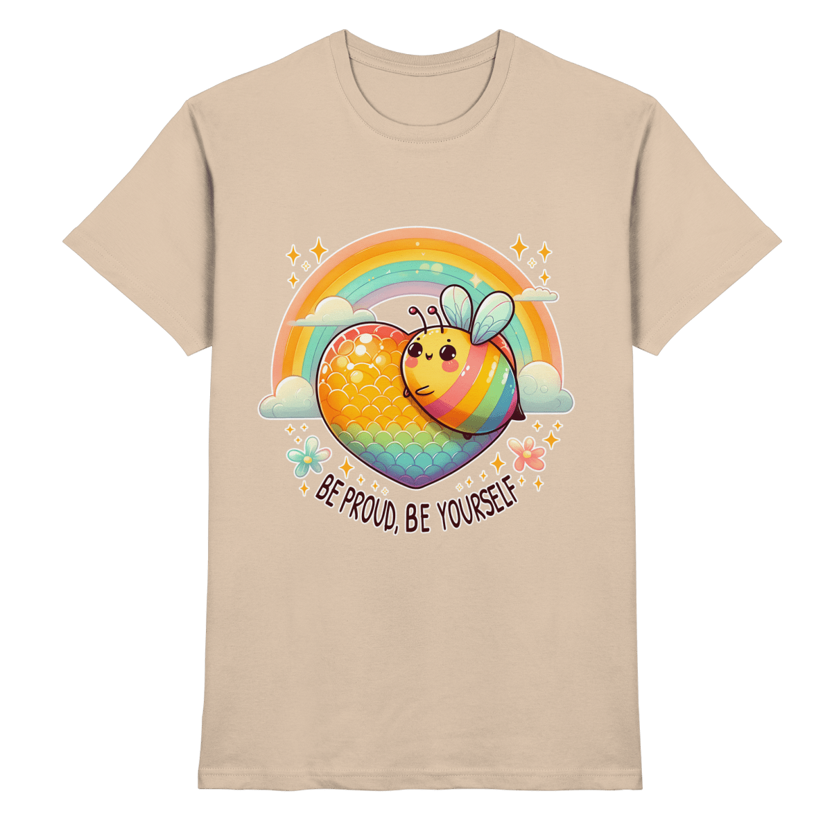 Fröhliche Regenbogen - Biene – Sei stolz, sei du selbst - Heavy Cotton T-Shirt - FaunaFeels Onlineshop Unisex - Shirts