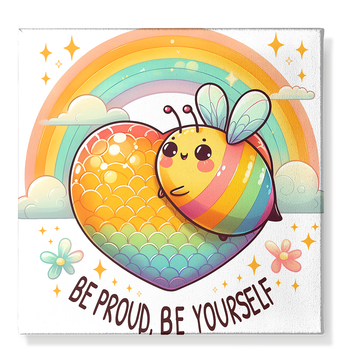 Fröhliche Regenbogen - Biene – Sei stolz, sei du selbst - Leinwand 50x50cm - FaunaFeels Onlineshop Wall Art