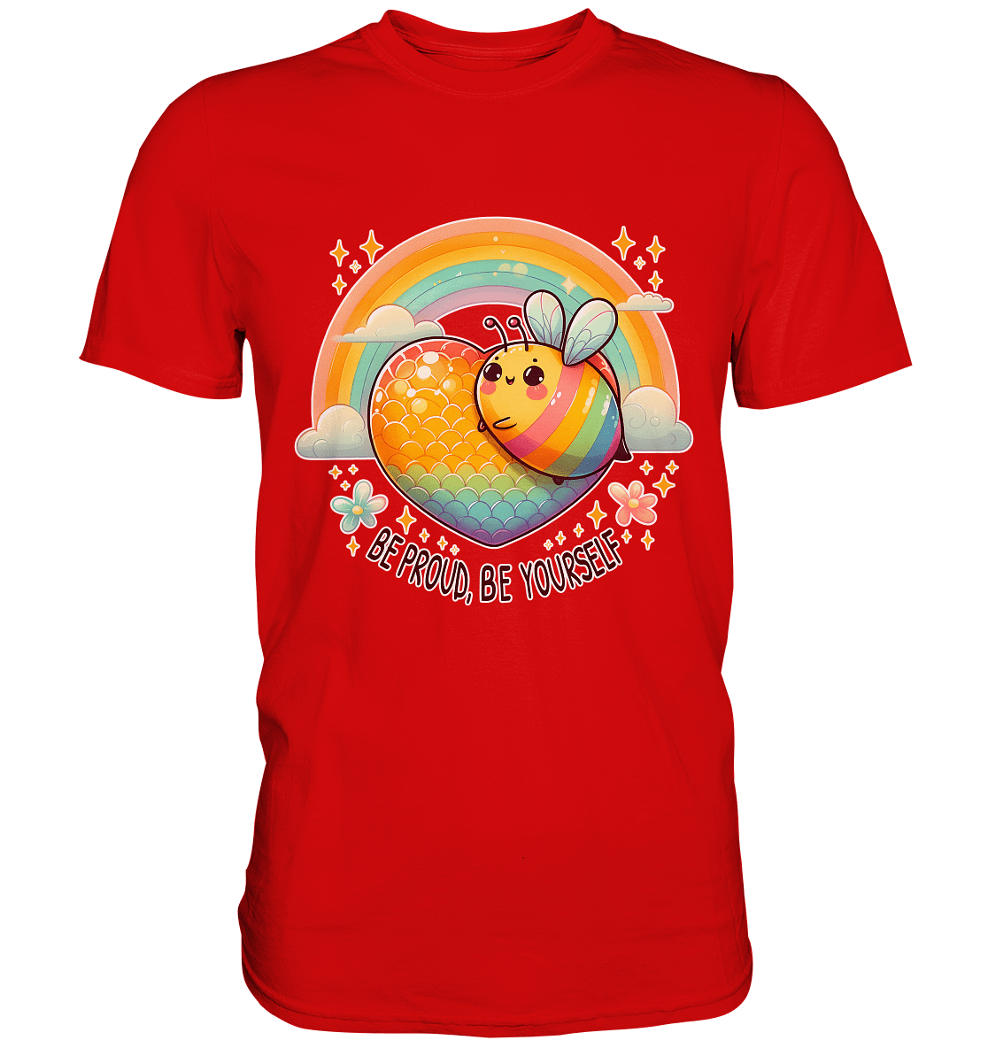Fröhliche Regenbogen - Biene – Sei stolz, sei du selbst - Premium Shirt - FaunaFeels Onlineshop Unisex - Shirts