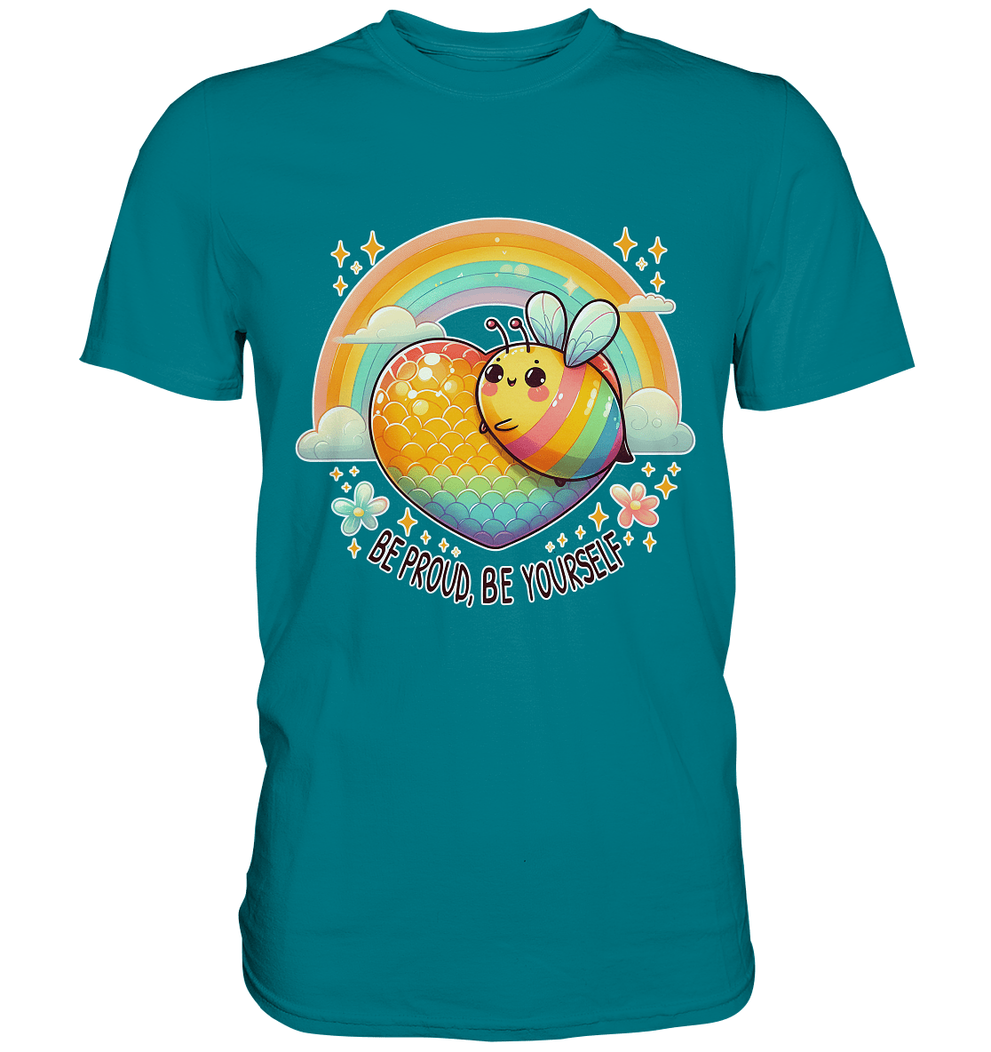 Fröhliche Regenbogen - Biene – Sei stolz, sei du selbst - Premium Shirt - FaunaFeels Onlineshop Unisex - Shirts