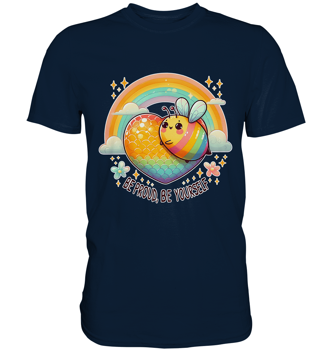 Fröhliche Regenbogen - Biene – Sei stolz, sei du selbst - Premium Shirt - FaunaFeels Onlineshop Unisex - Shirts