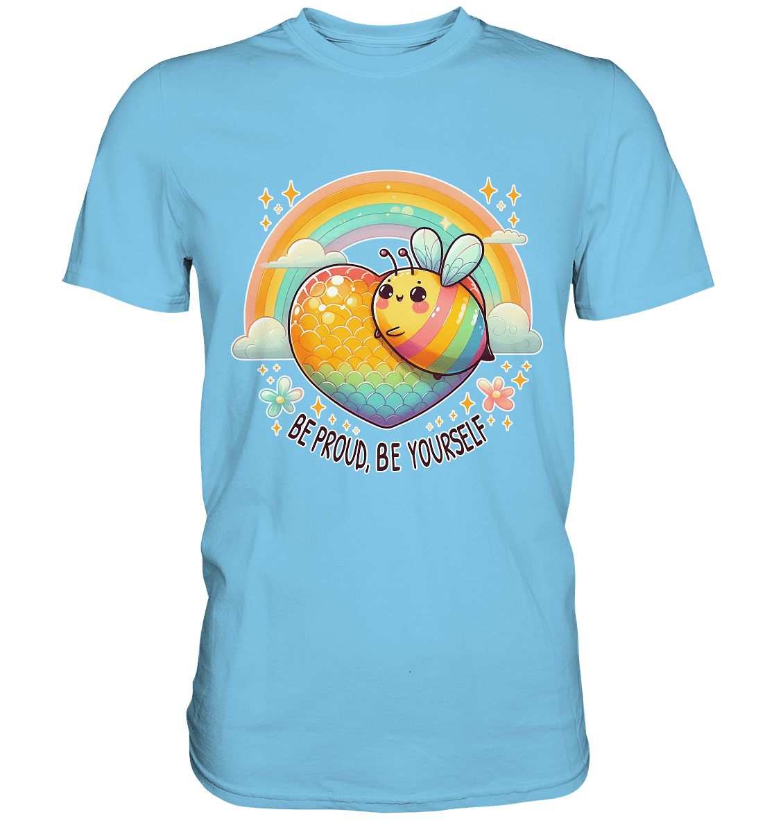 Fröhliche Regenbogen - Biene – Sei stolz, sei du selbst - Premium Shirt - FaunaFeels Onlineshop Unisex - Shirts