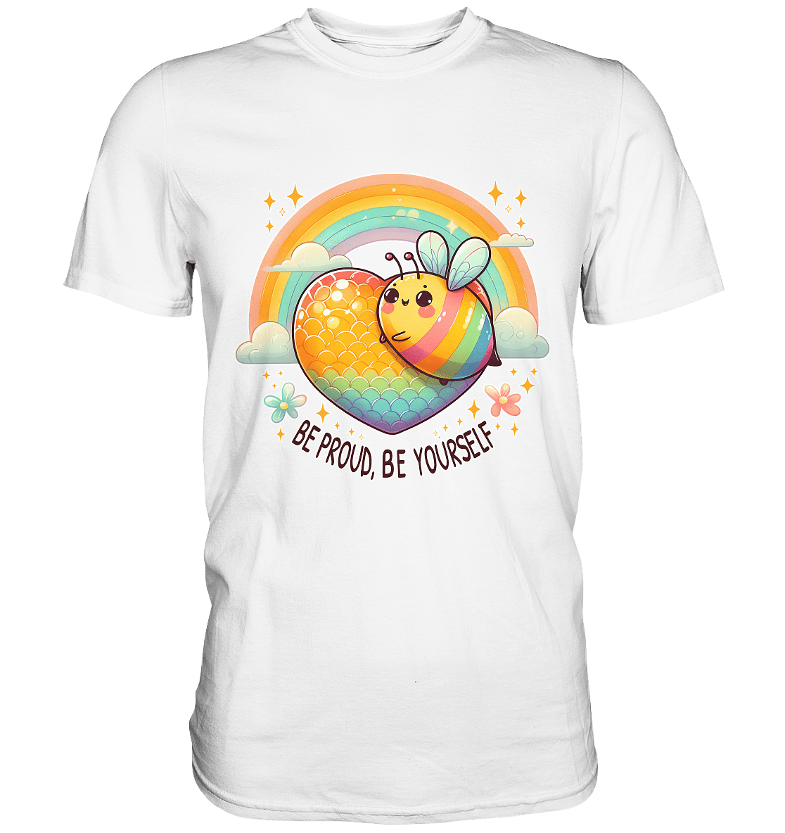 Fröhliche Regenbogen - Biene – Sei stolz, sei du selbst - Premium Shirt - FaunaFeels Onlineshop Unisex - Shirts