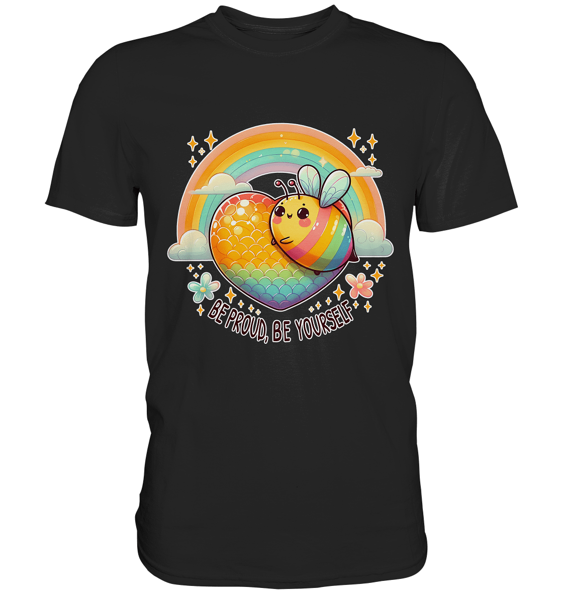 Fröhliche Regenbogen - Biene – Sei stolz, sei du selbst - Premium Shirt - FaunaFeels Onlineshop Unisex - Shirts
