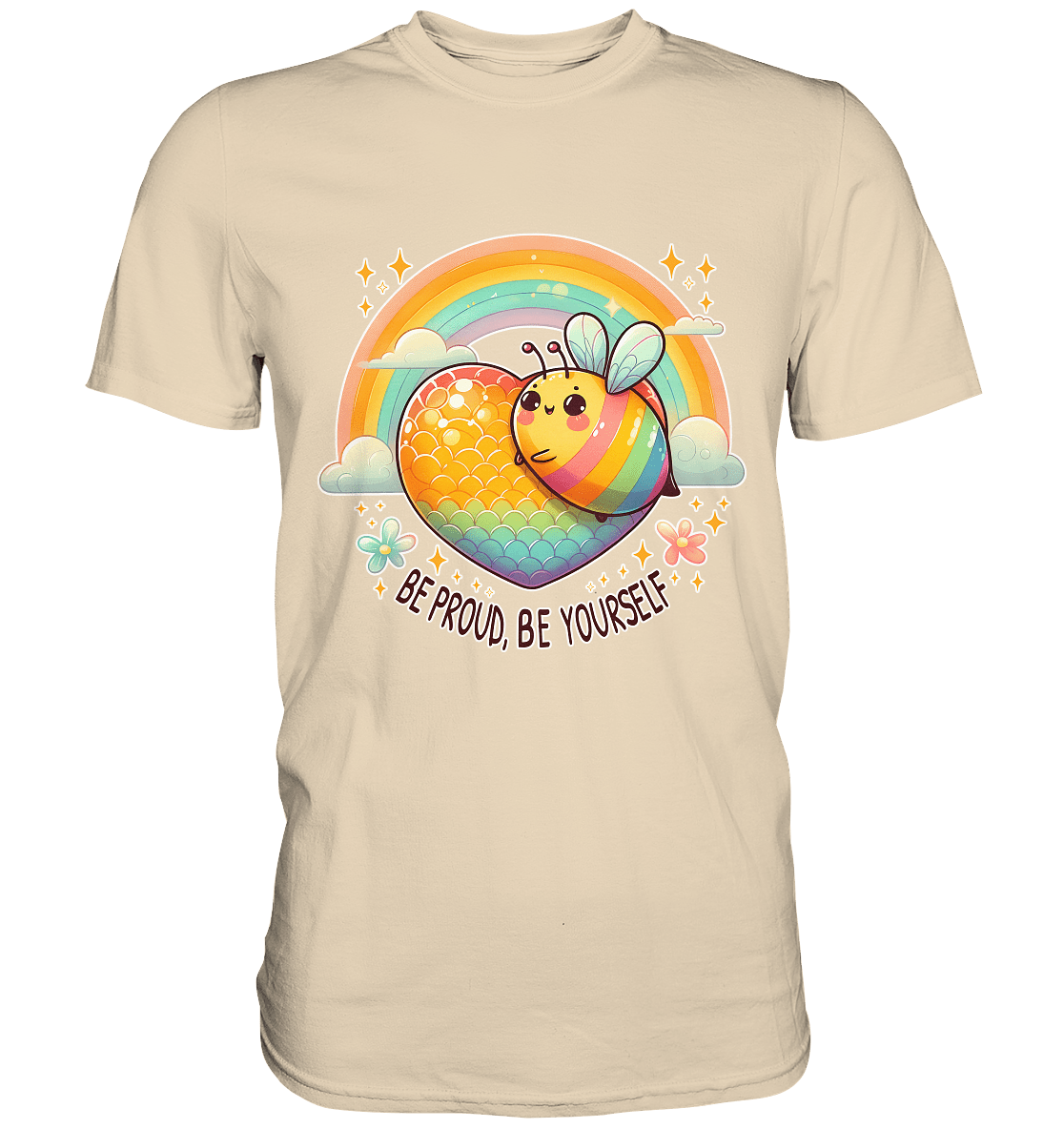 Fröhliche Regenbogen - Biene – Sei stolz, sei du selbst - Premium Shirt - FaunaFeels Onlineshop Unisex - Shirts