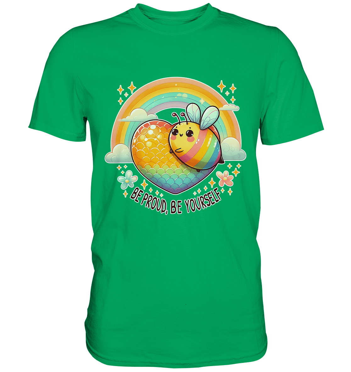 Fröhliche Regenbogen - Biene – Sei stolz, sei du selbst - Premium Shirt - FaunaFeels Onlineshop Unisex - Shirts