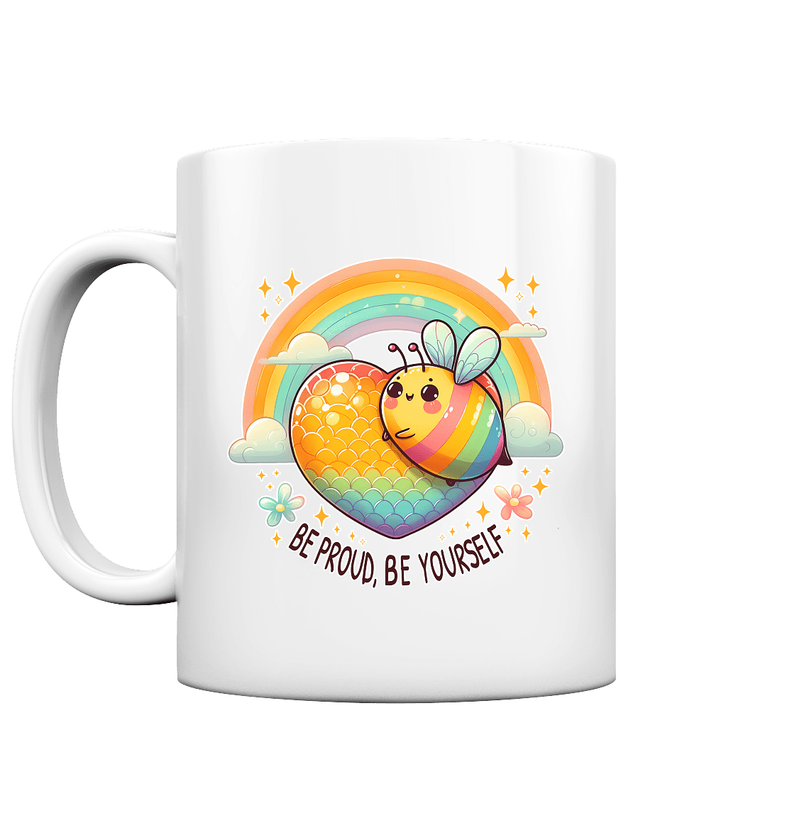 Fröhliche Regenbogen - Biene – Sei stolz, sei du selbst - Tasse glossy - FaunaFeels Onlineshop Trinkgefäße