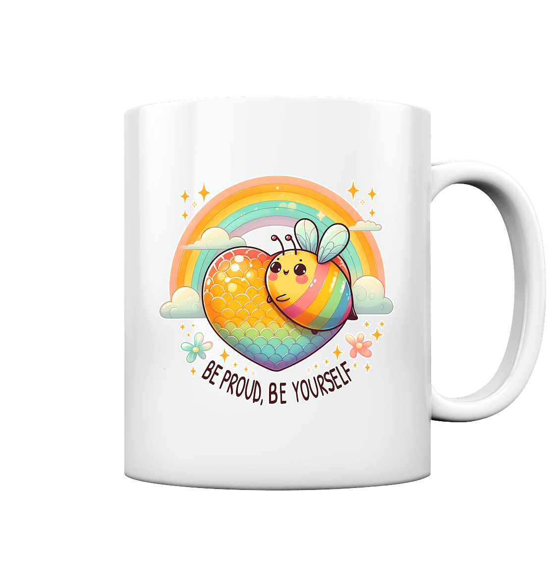 Fröhliche Regenbogen - Biene – Sei stolz, sei du selbst - Tasse glossy - FaunaFeels Onlineshop Trinkgefäße