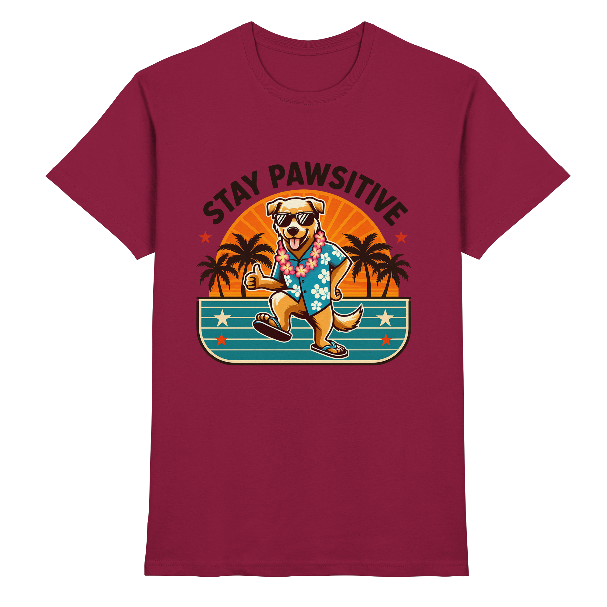 Stay Pawsitive – Lustiges Hundemotiv mit Sonnenbrille, Hawaiihemd und Palmen für gute Laune - Heavy Cotton T-Shirt