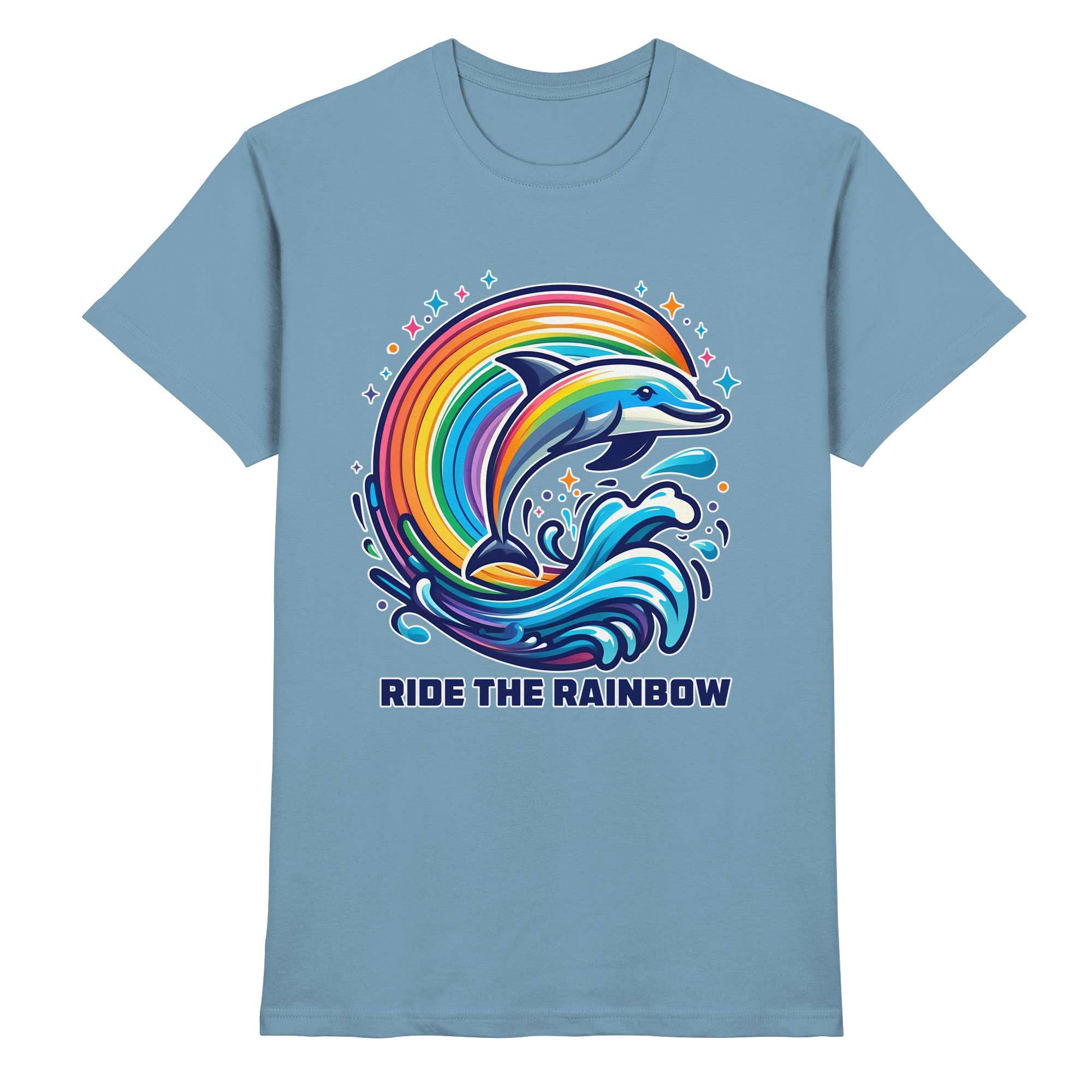 Ride the Rainbow – Farbenfroher Delfin in Regenbogen-Wellen - Heavy Cotton T-Shirt