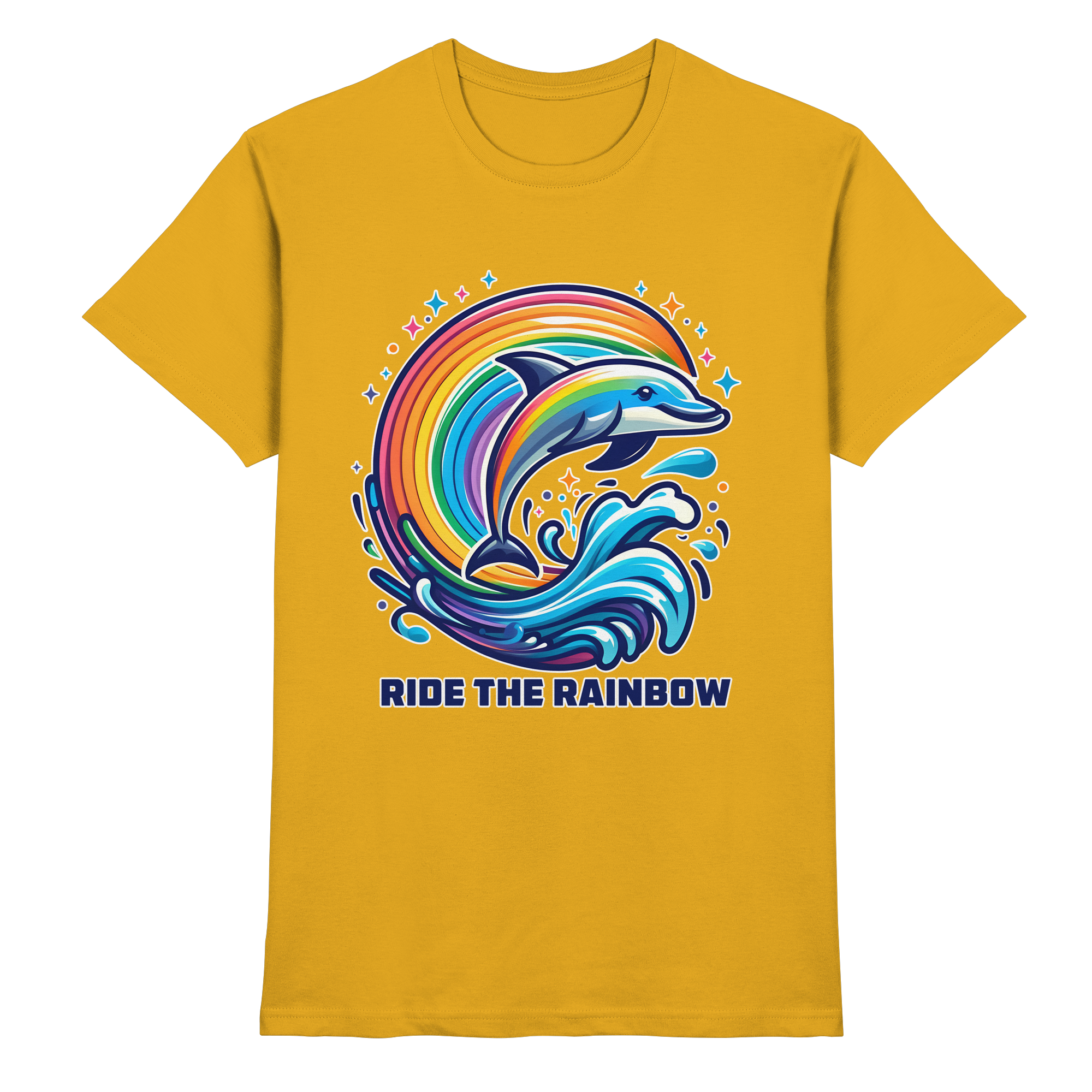 Ride the Rainbow – Farbenfroher Delfin in Regenbogen-Wellen - Heavy Cotton T-Shirt