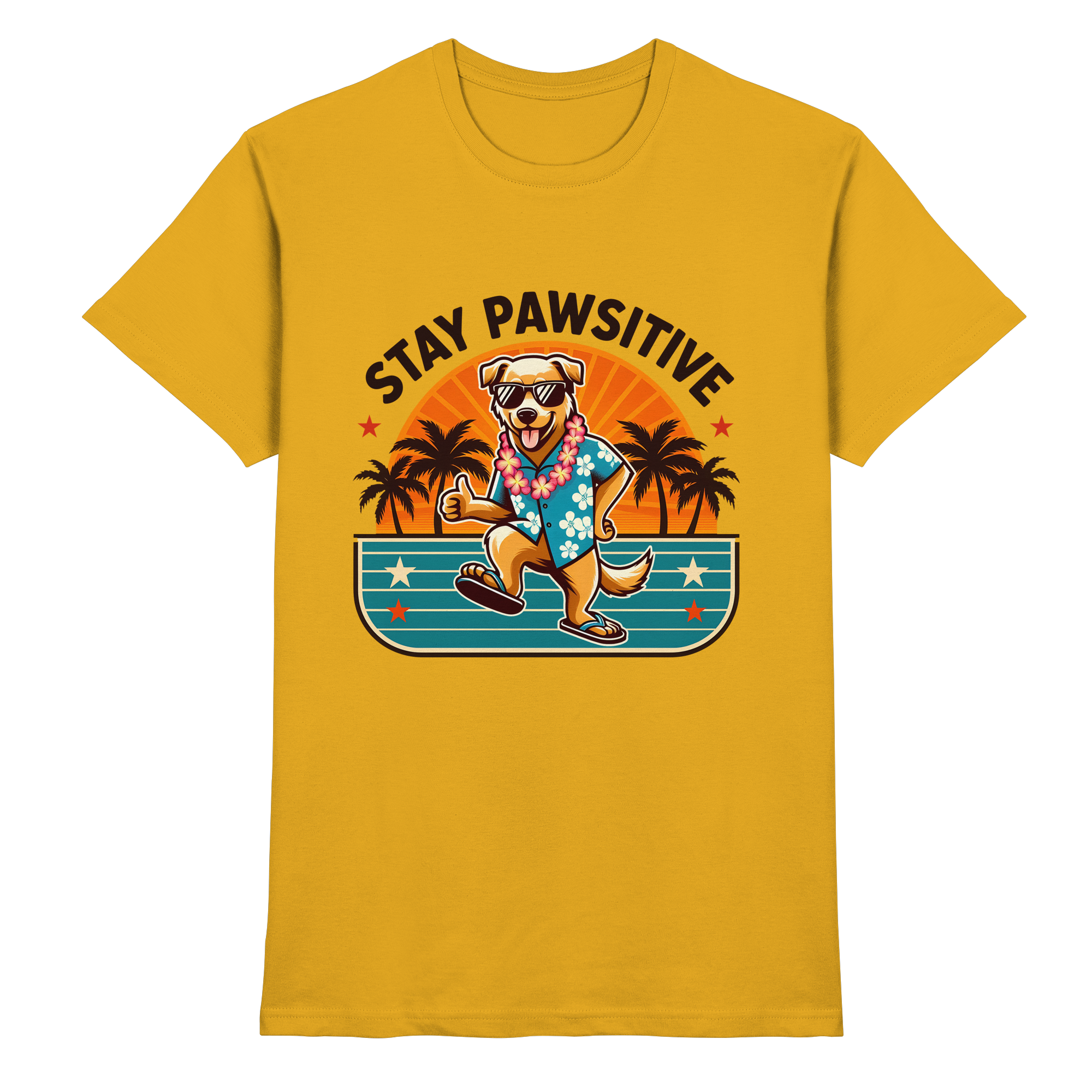 Stay Pawsitive – Lustiges Hundemotiv mit Sonnenbrille, Hawaiihemd und Palmen für gute Laune - Heavy Cotton T-Shirt