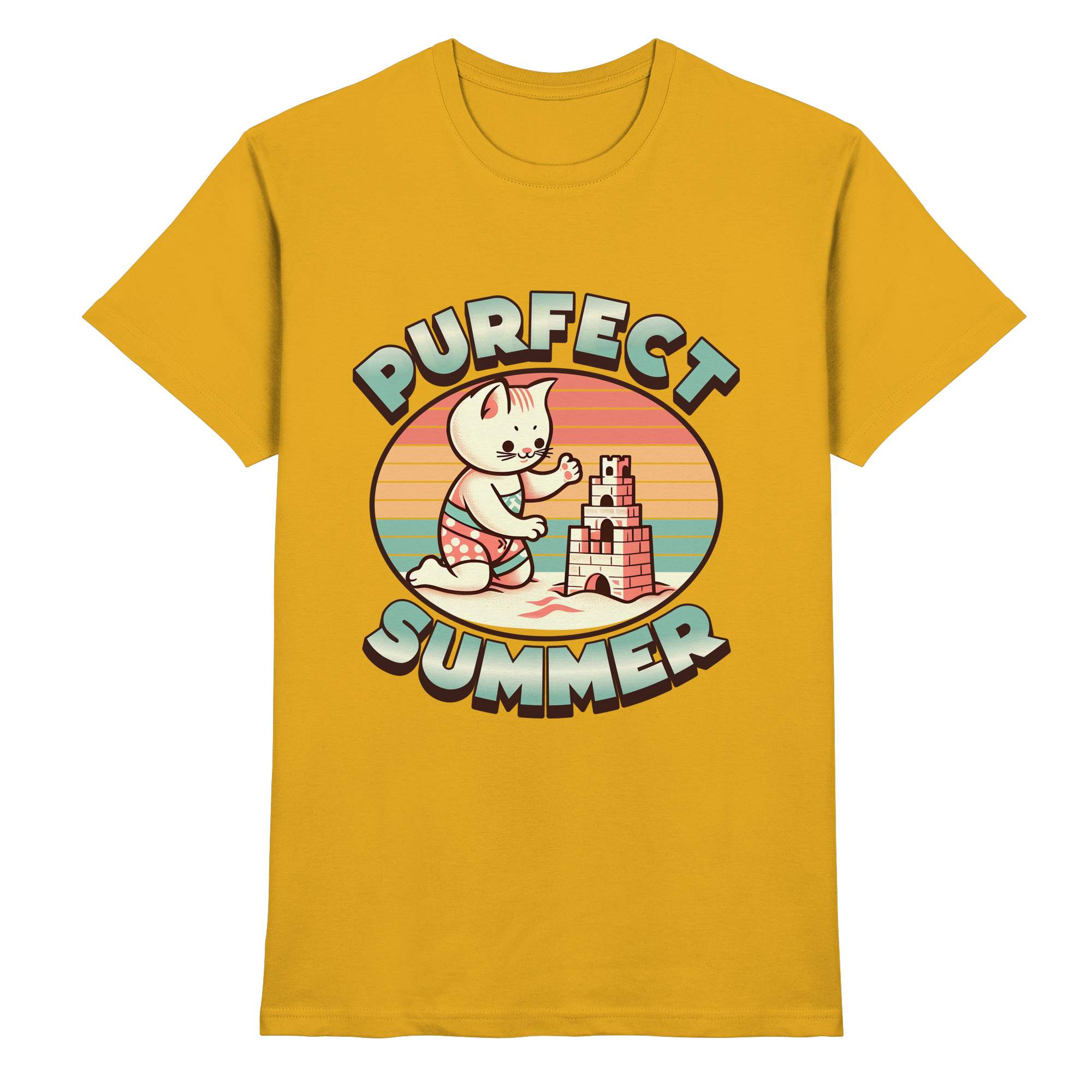 Purfect Summer – Niedliches Katzenmotiv mit Sandburg und Retro-Sommerfeeling - Heavy Cotton T-Shirt