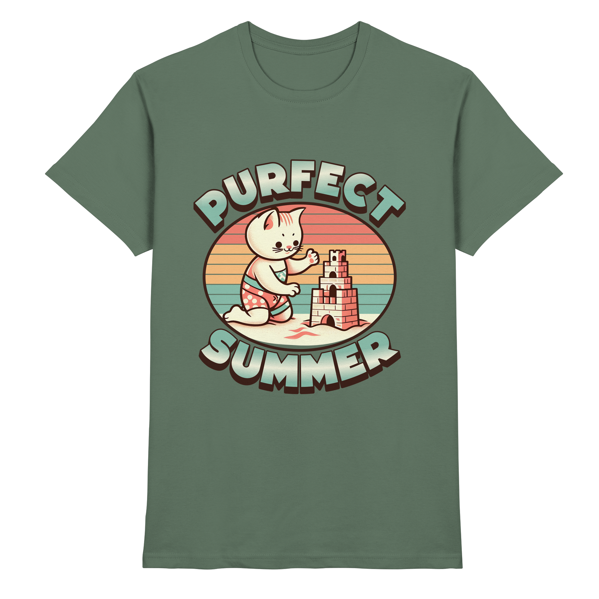 Purfect Summer – Niedliches Katzenmotiv mit Sandburg und Retro-Sommerfeeling - Heavy Cotton T-Shirt