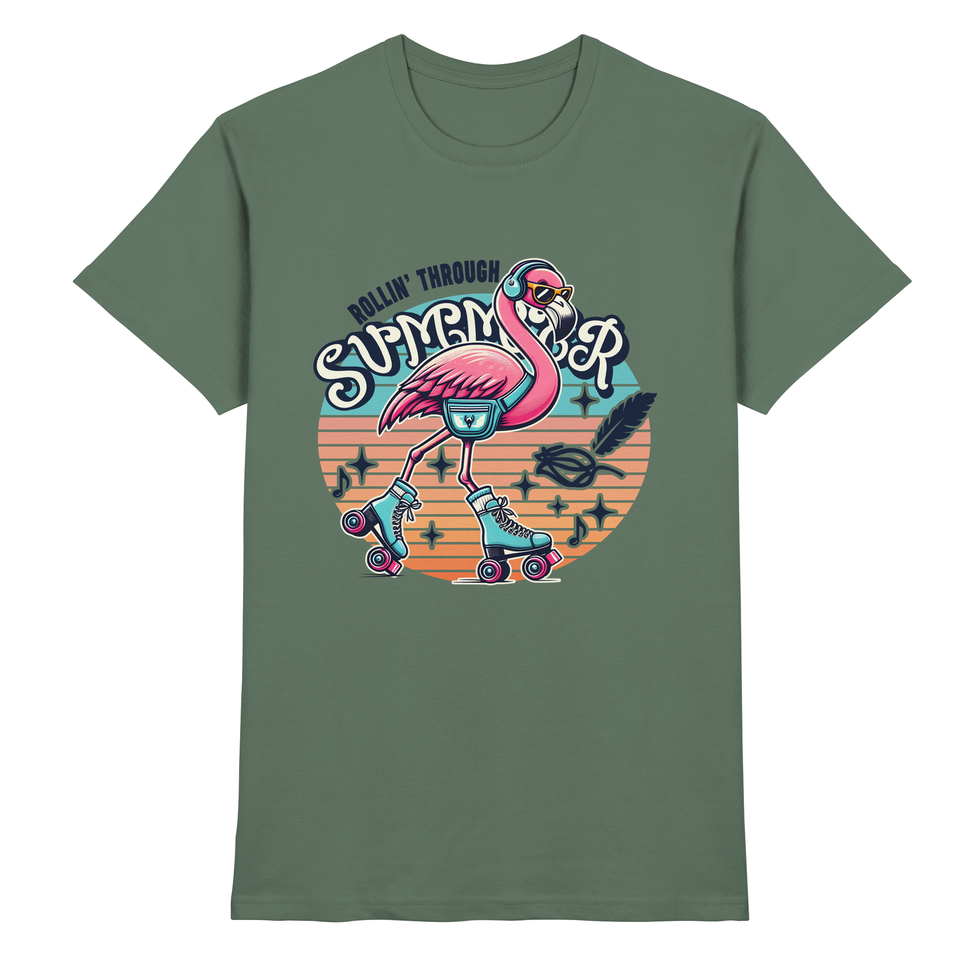 Rollin’ Through Summer – Cooler Flamingo auf Rollschuhen mit Retro-Vibes und Sommerfeeling - Heavy Cotton T-Shirt