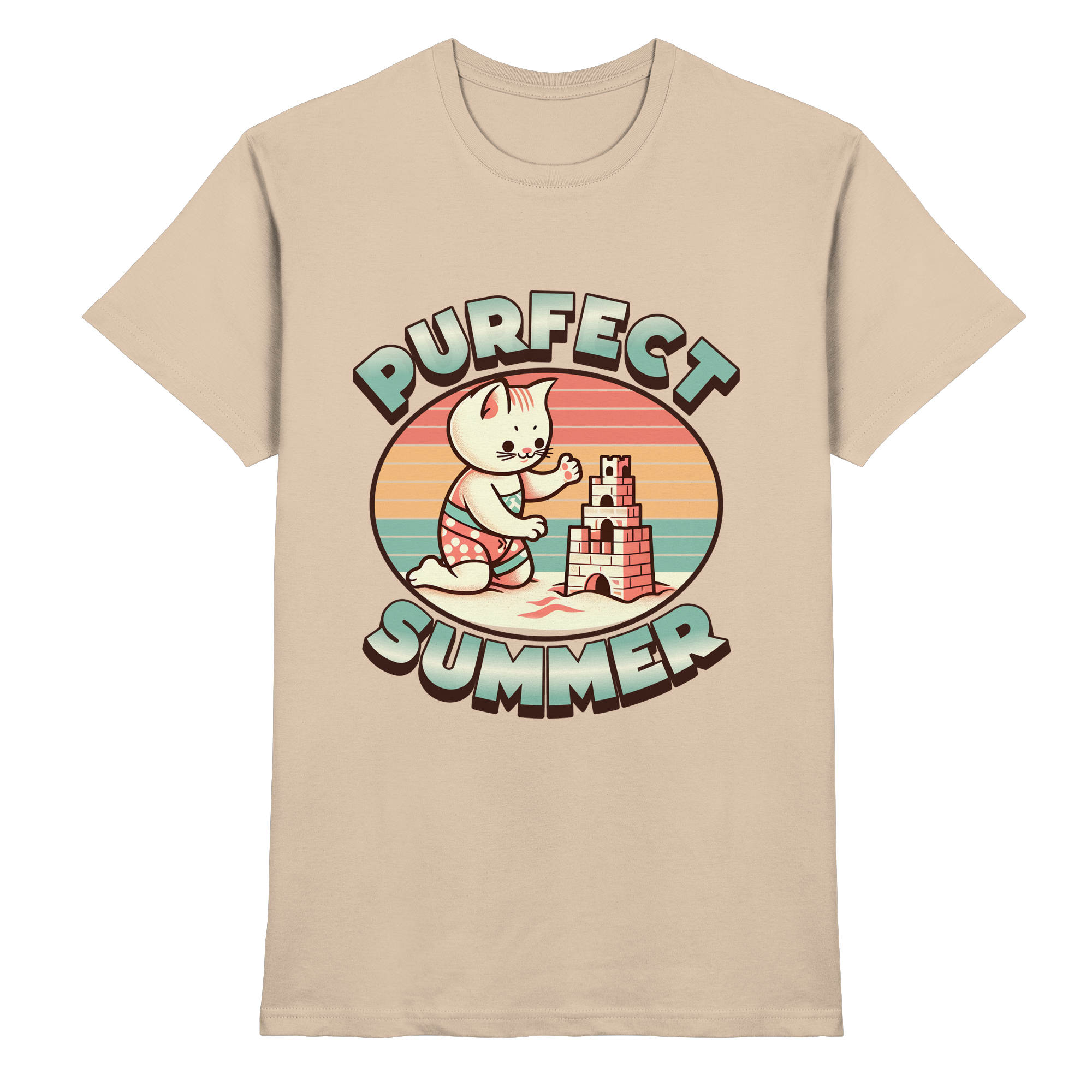 Purfect Summer – Niedliches Katzenmotiv mit Sandburg und Retro-Sommerfeeling - Heavy Cotton T-Shirt