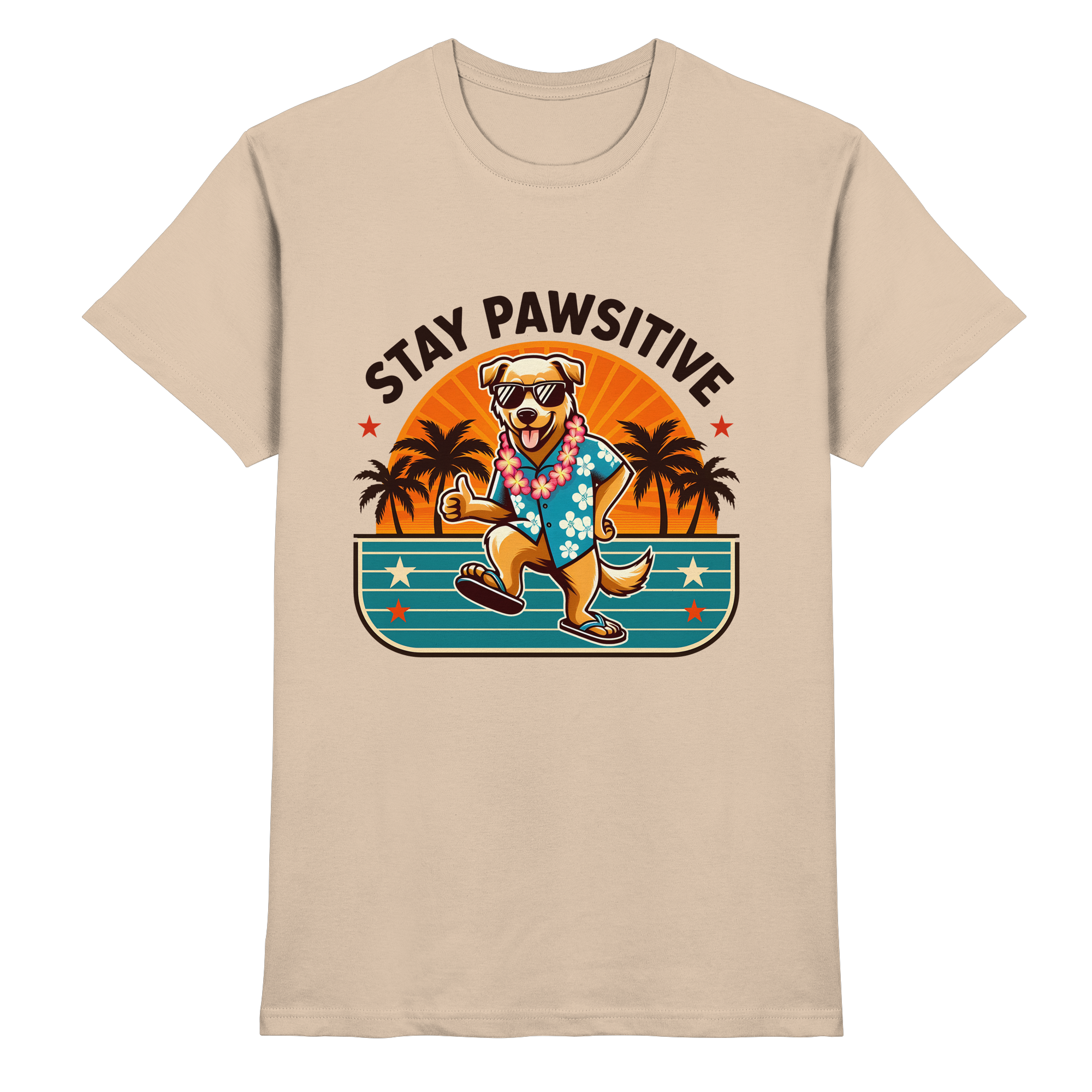 Stay Pawsitive – Lustiges Hundemotiv mit Sonnenbrille, Hawaiihemd und Palmen für gute Laune - Heavy Cotton T-Shirt