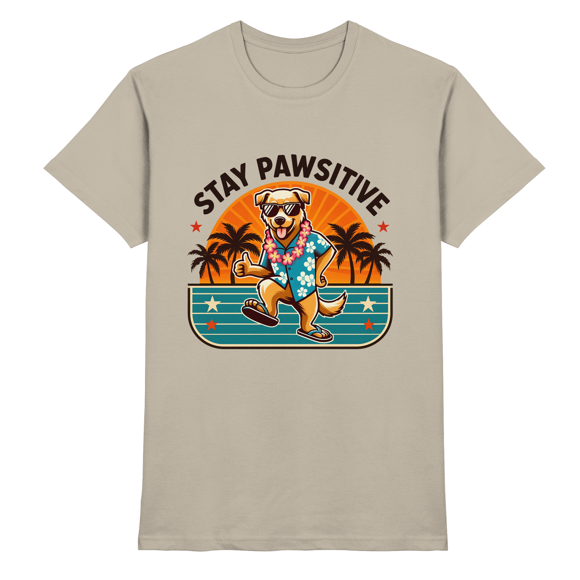 Stay Pawsitive – Lustiges Hundemotiv mit Sonnenbrille, Hawaiihemd und Palmen für gute Laune - Heavy Cotton T-Shirt