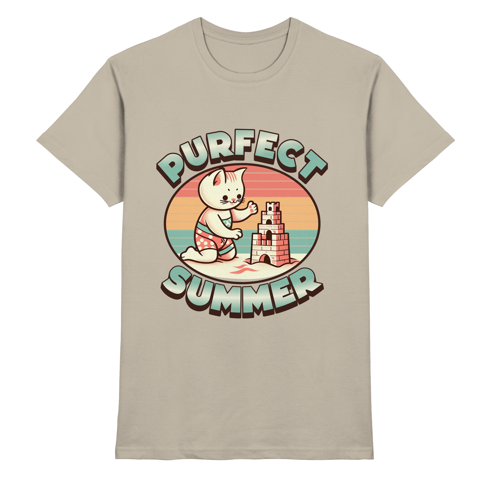 Purfect Summer – Niedliches Katzenmotiv mit Sandburg und Retro-Sommerfeeling - Heavy Cotton T-Shirt