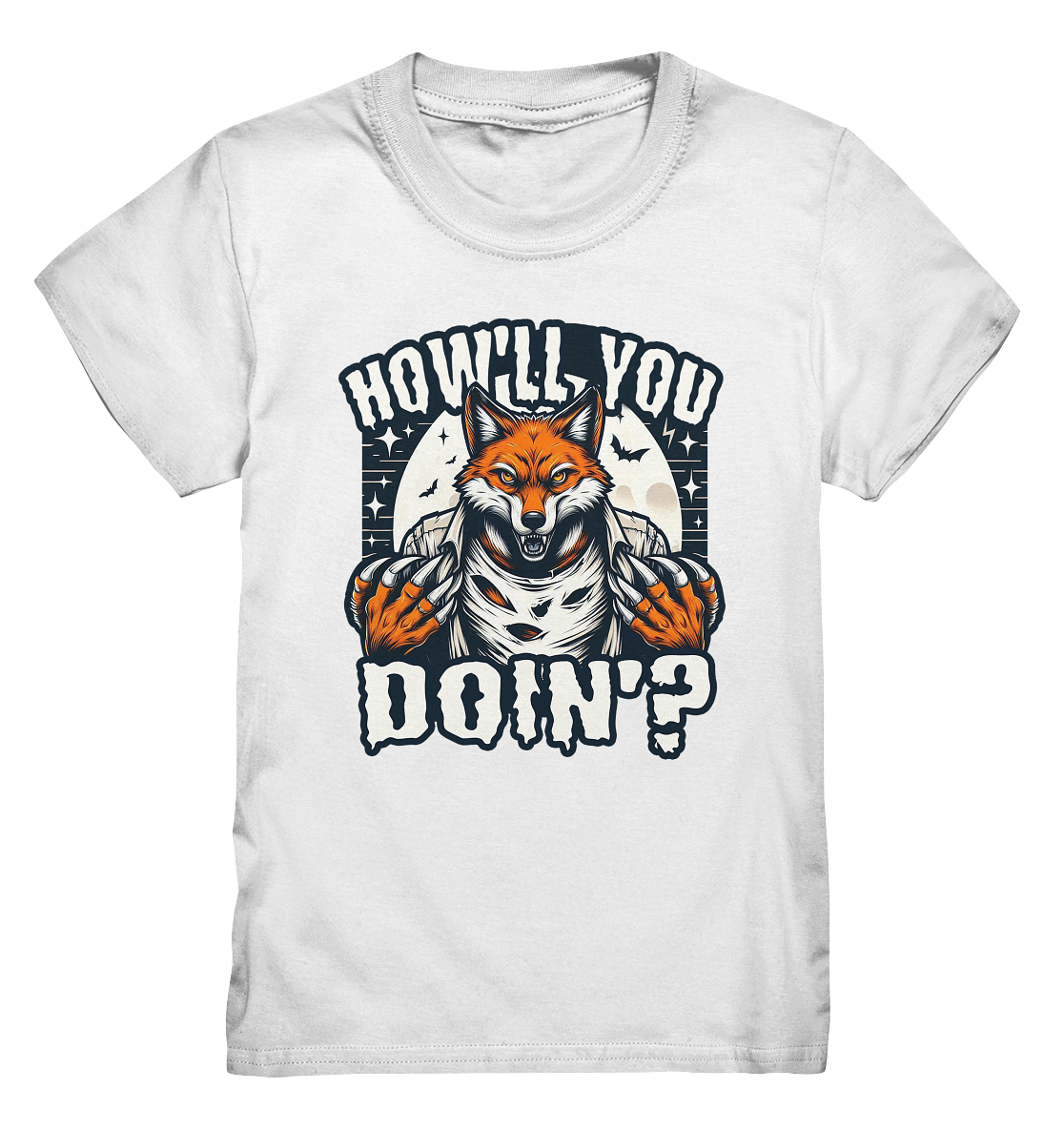 Kids premium shirt featuring a fox under the full moon with "How'll You Doin'?" text.