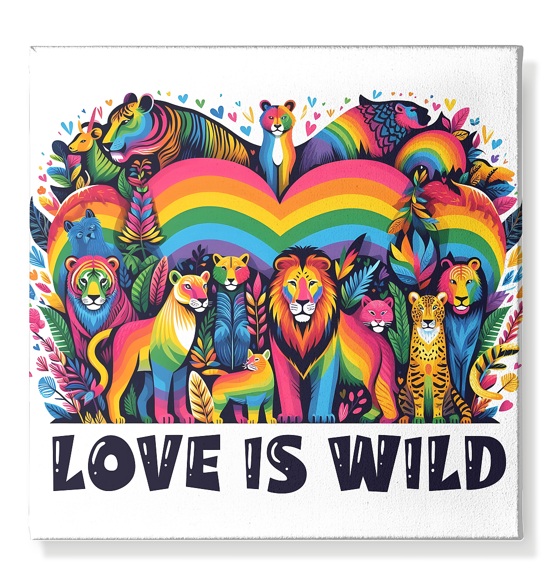Love Is Wild canvas with rainbow-themed wild animals, symbolizing love and diversity, 50x50cm.