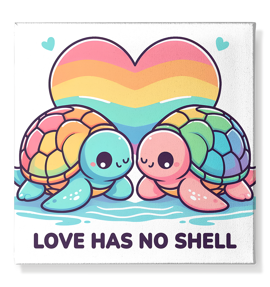 Rainbow turtles canvas with "Love Has No Shell" message, symbolizing love and diversity.