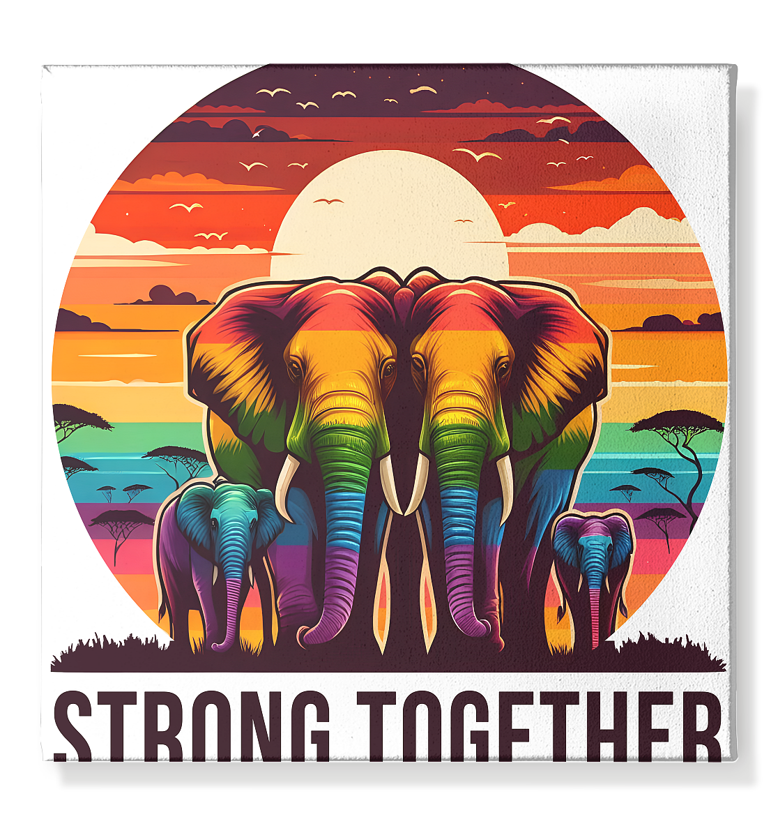 Elephant family in rainbow colors against sunset on 50x50cm canvas titled "Strong Together".