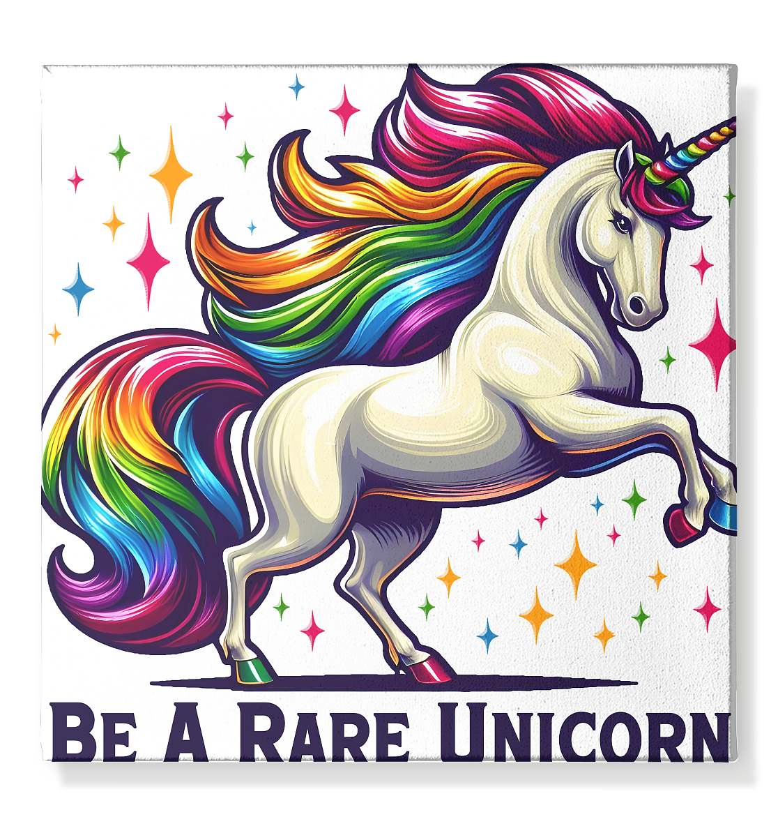 Majestic unicorn with rainbow mane on canvas, titled "Be A Rare Unicorn", 50x50 cm.