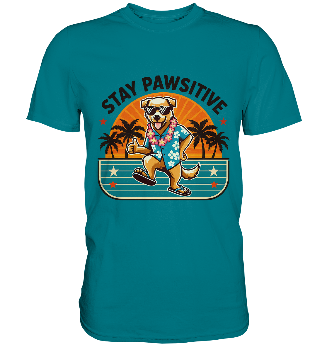 Stay Pawsitive – Lustiges Hundemotiv mit Sonnenbrille, Hawaiihemd und Palmen für gute Laune - Premium Shirt