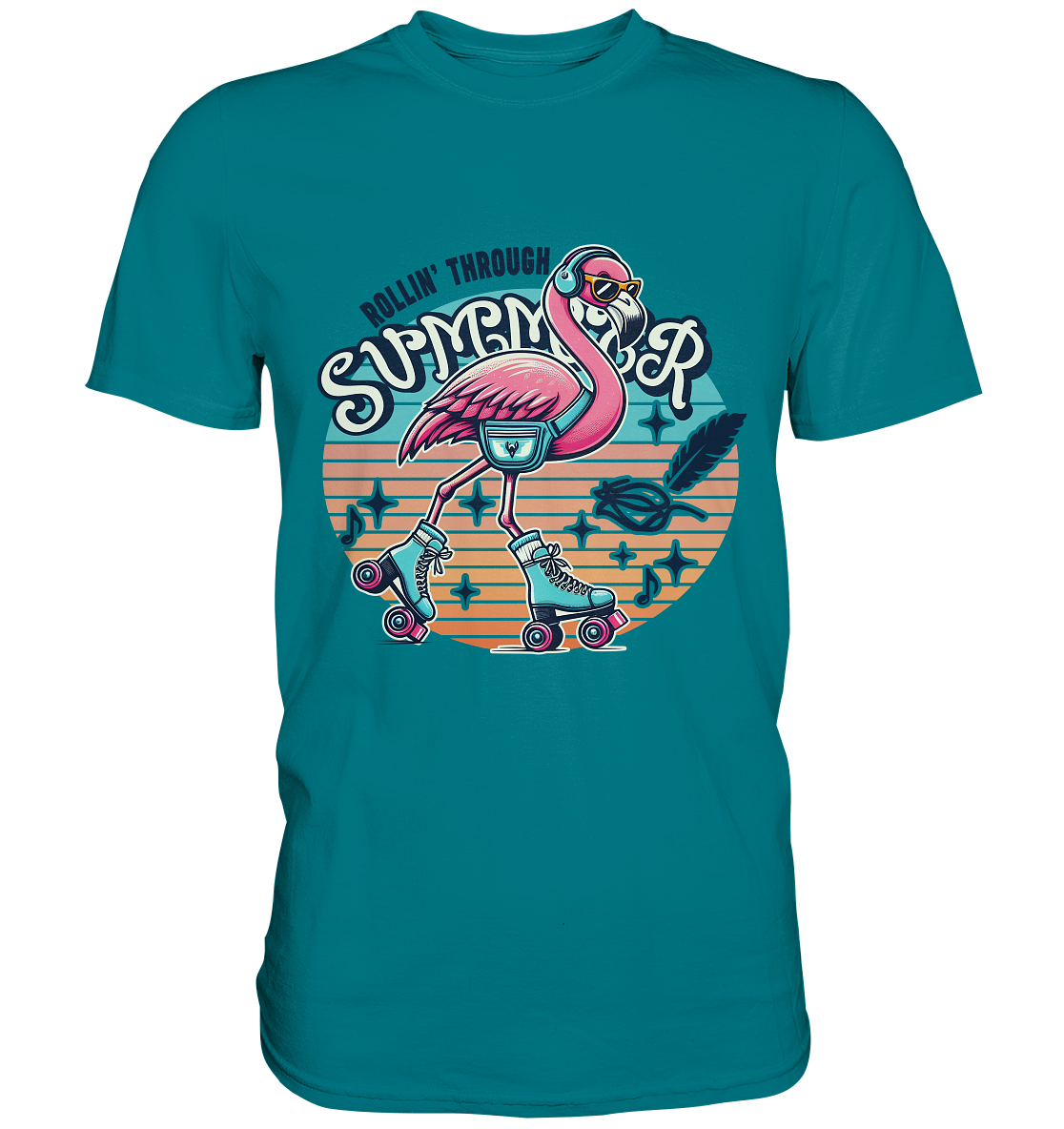 Rollin’ Through Summer – Cooler Flamingo auf Rollschuhen mit Retro-Vibes und Sommerfeeling - Premium Shirt