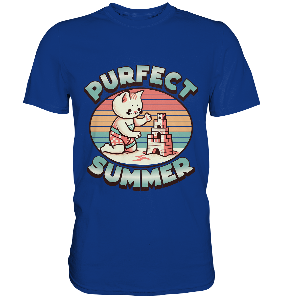 Purfect Summer – Niedliches Katzenmotiv mit Sandburg und Retro-Sommerfeeling - Premium Shirt