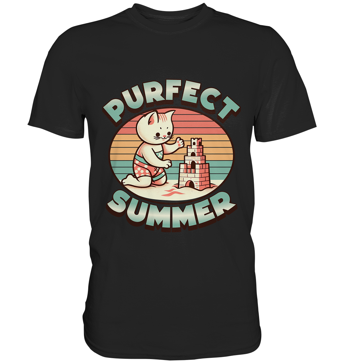 Purfect Summer – Niedliches Katzenmotiv mit Sandburg und Retro-Sommerfeeling - Premium Shirt