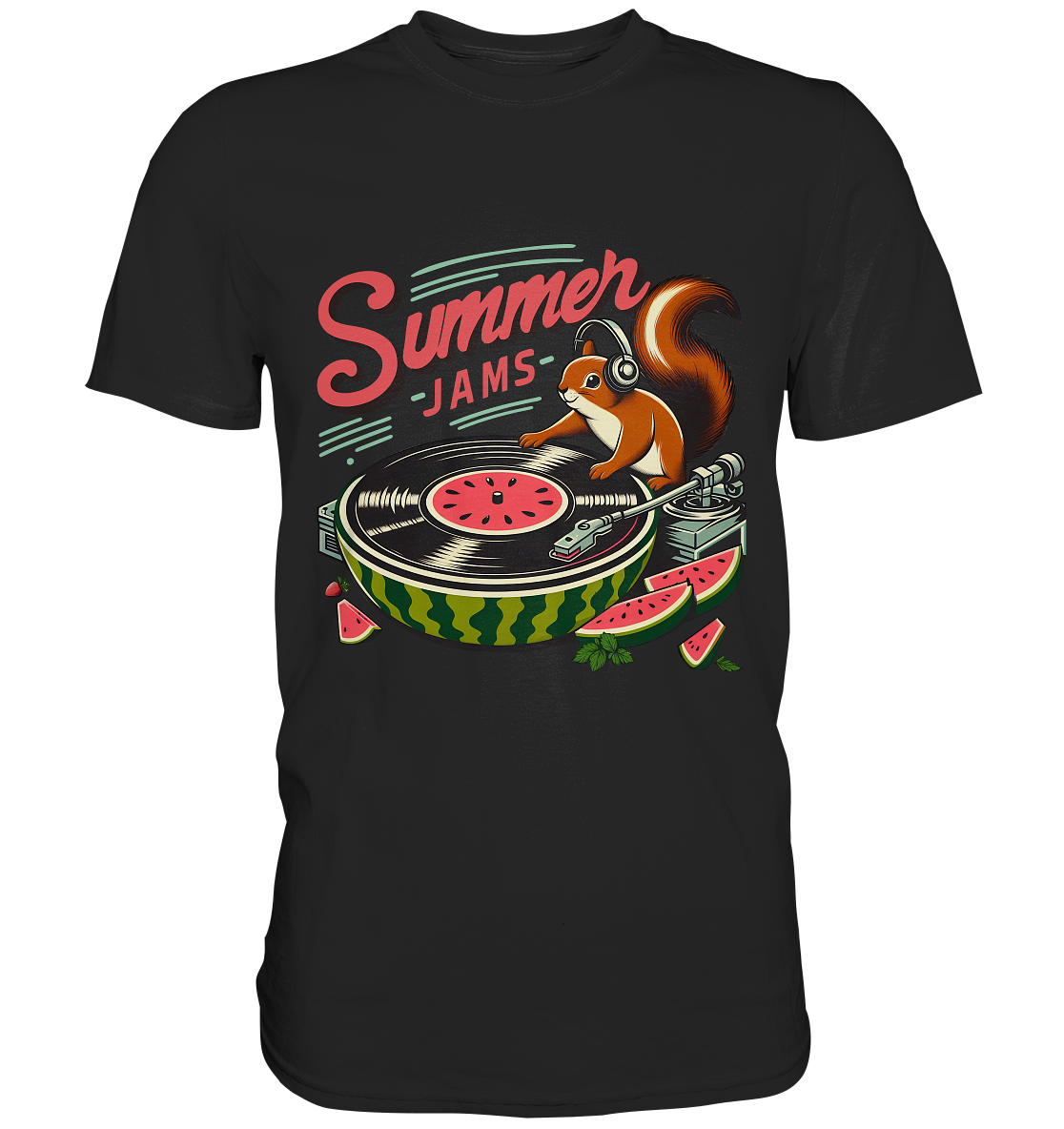 Summer Jams – Lustiges Eichhörnchen DJ Design mit Wassermelonen-Plattenspieler und Sommer-Vibes - Premium Shirt