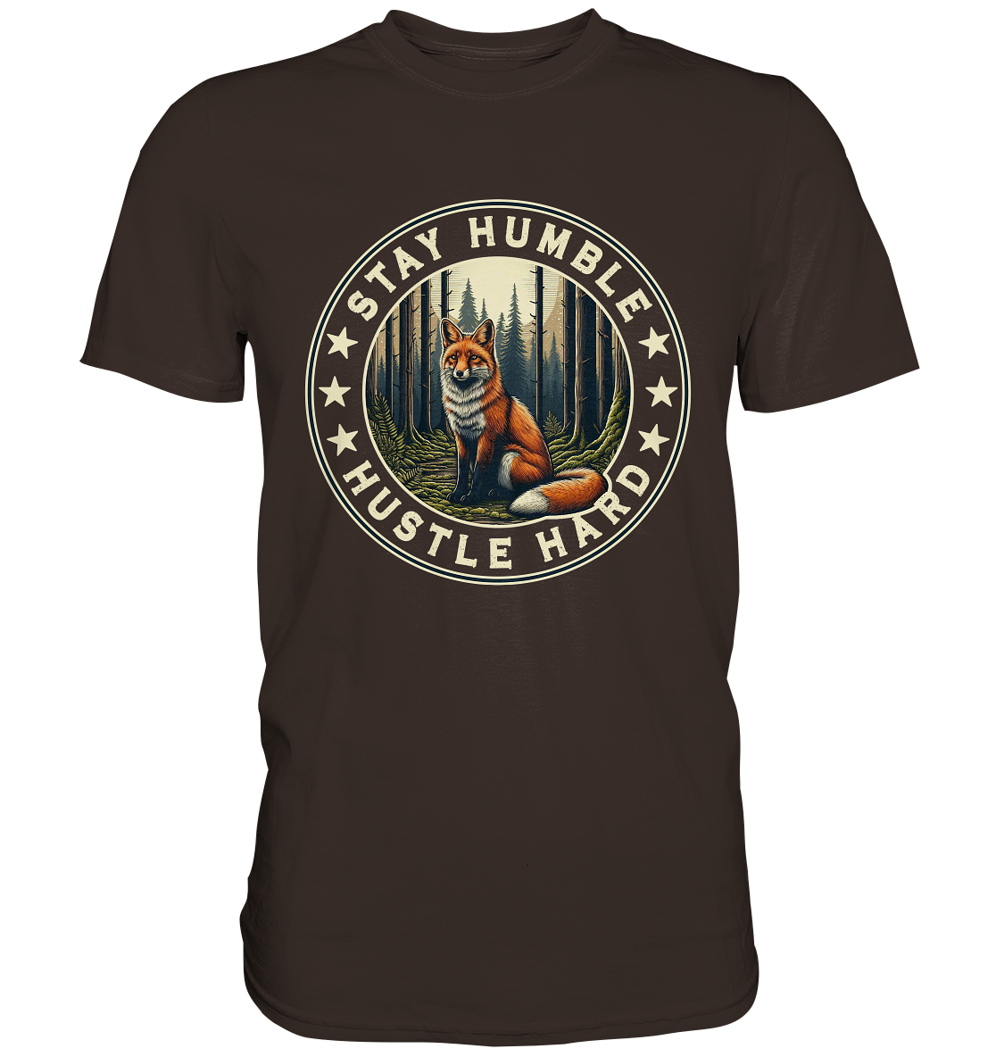 Stay Humble Hustle Hard shirt featuring a fox in the forest design.