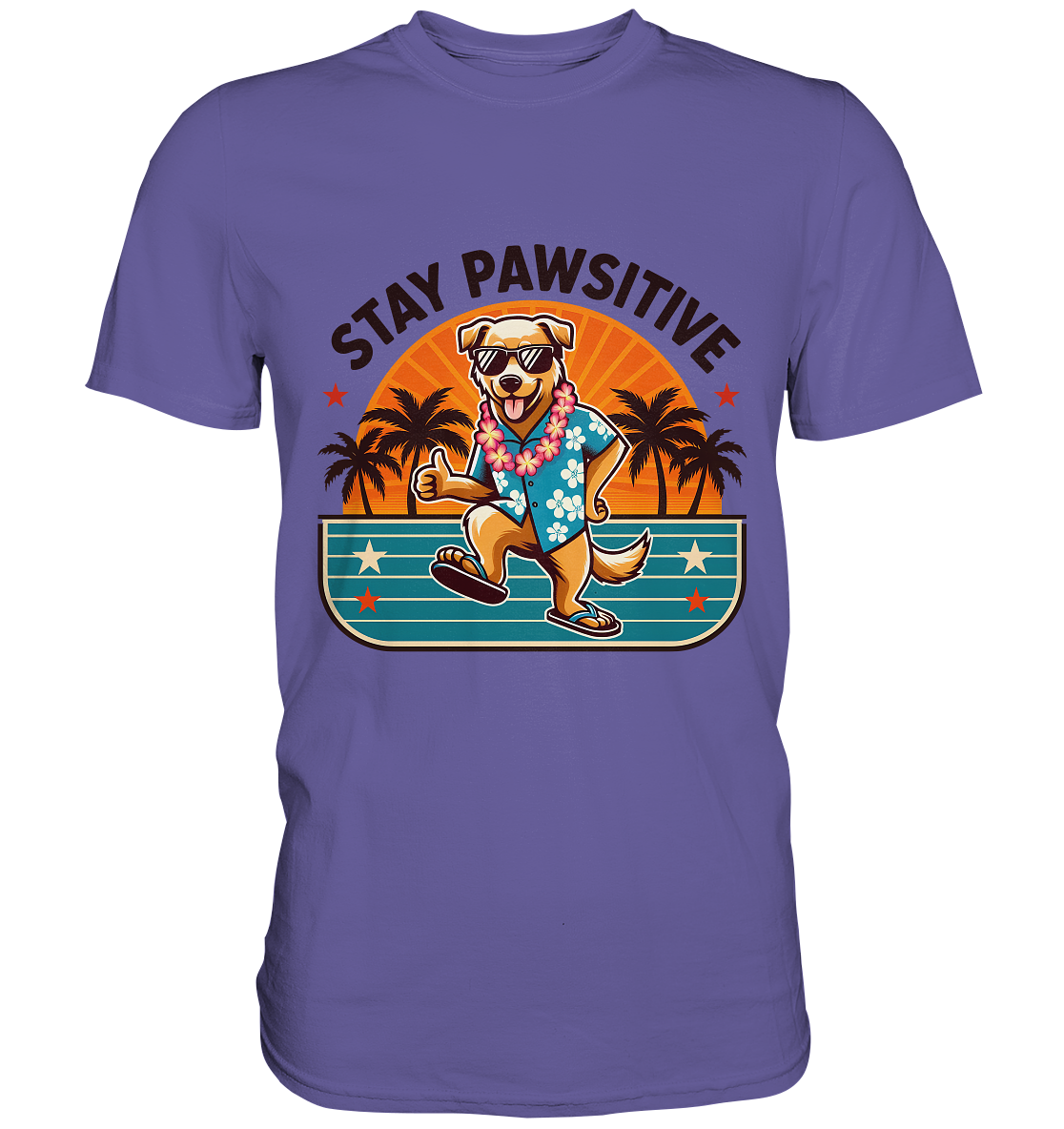 Stay Pawsitive – Lustiges Hundemotiv mit Sonnenbrille, Hawaiihemd und Palmen für gute Laune - Premium Shirt