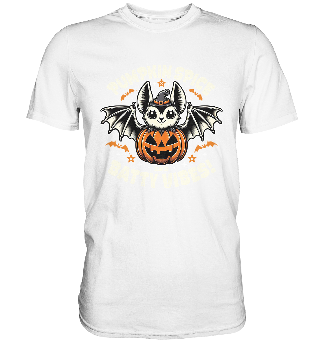 Pumpkin Spice und Batty Vibes shirt with cute bat in a pumpkin design, Halloween-themed.
