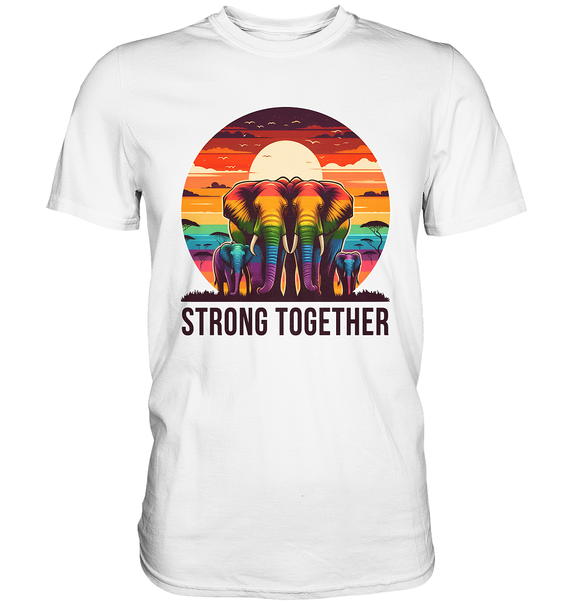 Rainbow elephant family graphic on white shirt with "Strong Together" text.