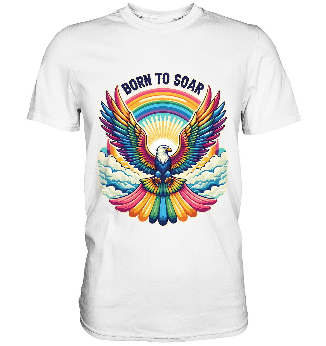 Majestic eagle with vibrant rainbow wings on premium white shirt, symbolizing freedom and strength.