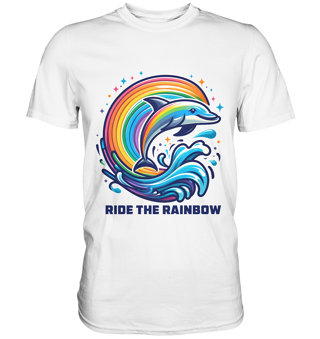 Colorful dolphin jumping through rainbow waves on white premium shirt, Ride the Rainbow design.