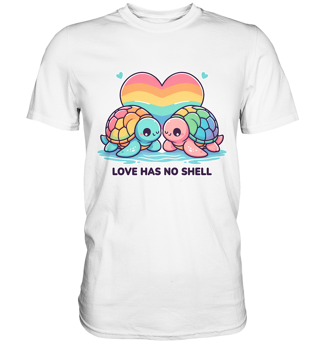 Rainbow turtle shirt with "Love Has No Shell" message and colorful heart design promoting love and diversity.