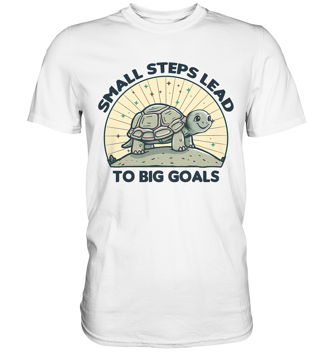 T-shirt with turtle illustration and "Small Steps Lead to Big Goals" slogan.